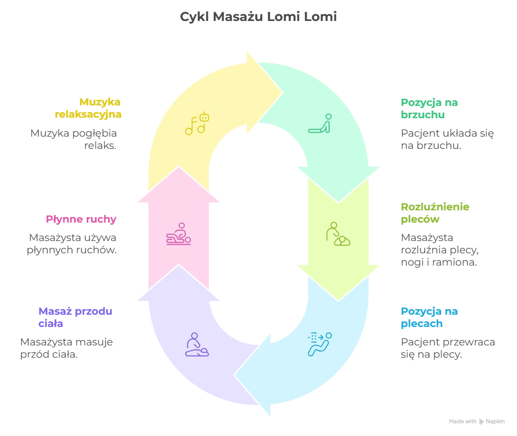Infografika cykl masażu lomi lomi hawajski Infografika przedstawiająca cykl masażu hawajskiego lomi lomi nui. Zaznaczono etapy zabiegu: muzyka relaksacyjna pogłębiająca odprężenie, pozycja pacjenta na brzuchu, rozluźnienie pleców, nóg i ramion, zmiana pozycji na plecy, masaż przodu ciała oraz płynne, rytmiczne ruchy masażysty. Masaż lomi lomi to hawajski rytuał relaksacyjny i terapeutyczny, który przywraca harmonię ciała, umysłu i duszy.