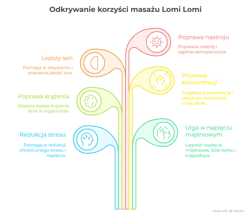 Infografika przedstawiająca odkrywanie korzyści masażu hawajskiego lomi lomi. Zawiera sześć głównych efektów masażu: lepszy sen – pomaga w zasypianiu i poprawia jakość snu, poprawa nastroju – wspiera dobre samopoczucie, poprawa krążenia – ułatwia przepływ krwi w organizmie, poprawa koncentracji – zwiększa skupienie i redukuje chroniczne zmęczenie, redukcja stresu – zmniejsza napięcie i objawy przewlekłego stresu, ulga w napięciu mięśniowym – łagodzi bóle karku, pleców i kręgosłupa.