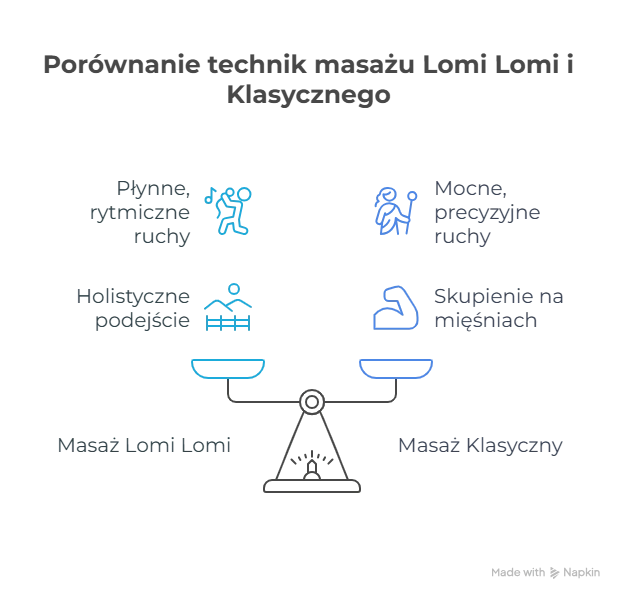 Infografika przedstawiająca porównanie technik masażu hawajskiego lomi lomi i masażu klasycznego. Masaż lomi lomi charakteryzuje się płynnymi, rytmicznymi ruchami oraz holistycznym podejściem obejmującym ciało, umysł i duszę. Masaż klasyczny opiera się na mocnych, precyzyjnych ruchach i skupia się głównie na mięśniach.